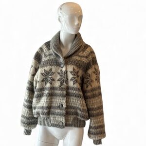 Vintage Hilda LTD Icelandic Wool Gray & Ivory Nordic Fair Isle Cardigan Size M